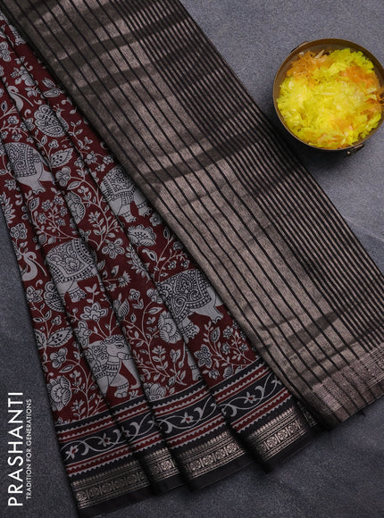 Semi maheswari cotton saree deep maroon and coffee brown with allover kalamkari prints and zari woven border