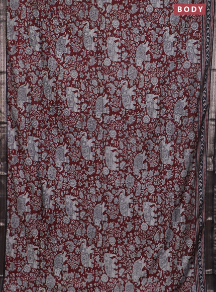 Semi maheswari cotton saree deep maroon and coffee brown with allover kalamkari prints and zari woven border