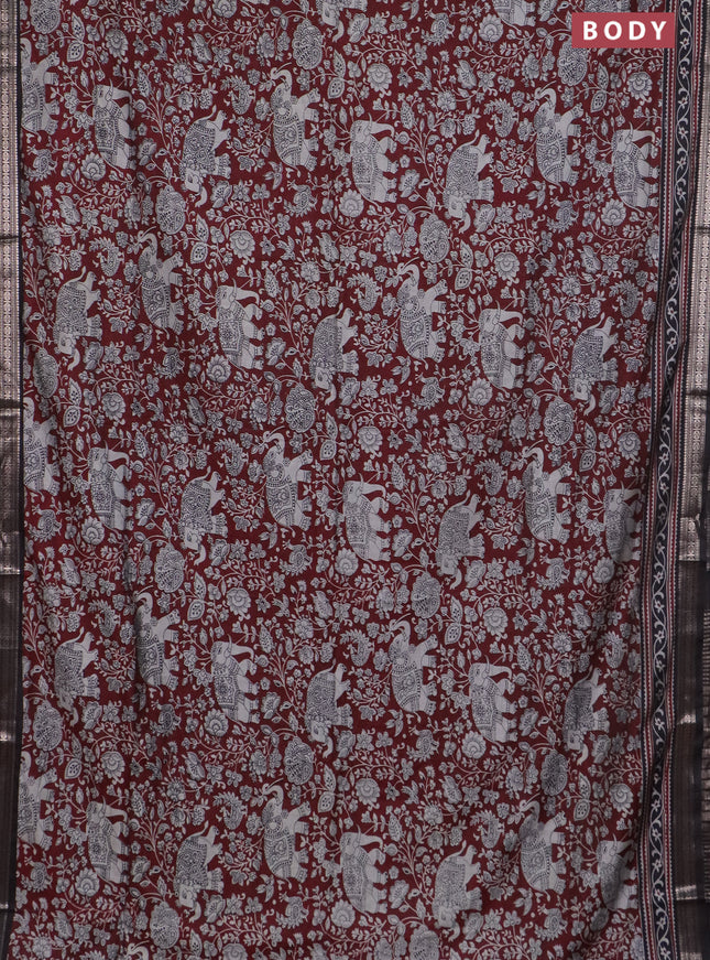 Semi maheswari cotton saree deep maroon and coffee brown with allover kalamkari prints and zari woven border
