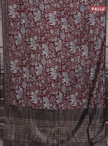 Semi maheswari cotton saree deep maroon and coffee brown with allover kalamkari prints and zari woven border
