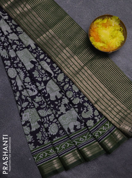 Semi maheswari cotton saree navy blue and sap green with allover kalamkari prints and zari woven border