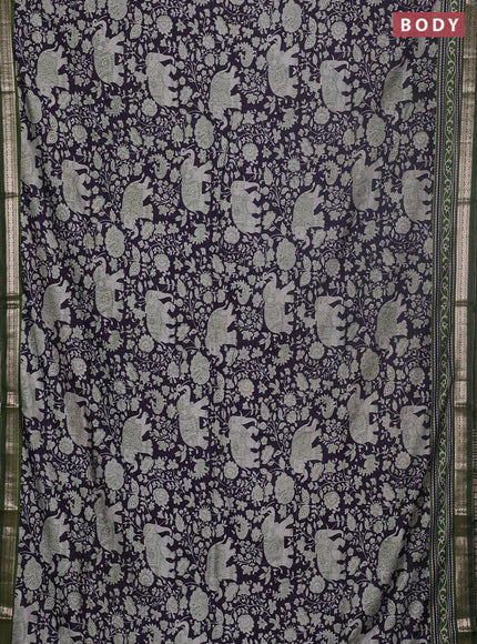 Semi maheswari cotton saree navy blue and sap green with allover kalamkari prints and zari woven border