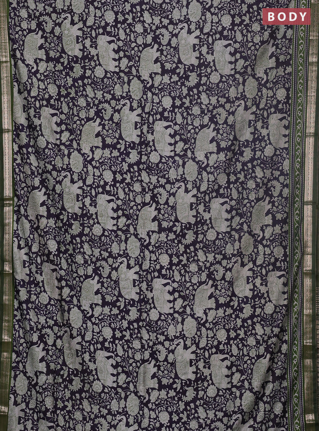 Semi maheswari cotton saree navy blue and sap green with allover kalamkari prints and zari woven border