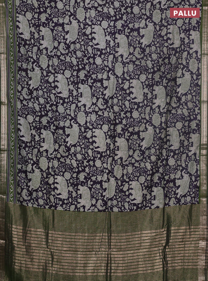 Semi maheswari cotton saree navy blue and sap green with allover kalamkari prints and zari woven border