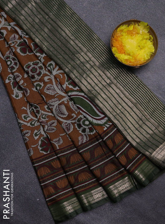 Semi maheswari cotton saree dark mustard and sap green with allover kalamkari prints and zari woven border