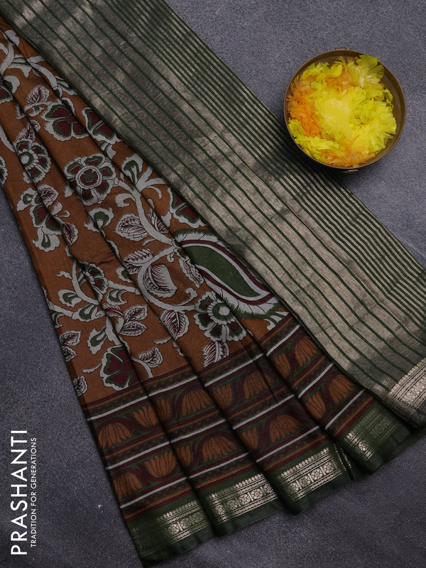 Semi maheswari cotton saree dark mustard and sap green with allover kalamkari prints and zari woven border