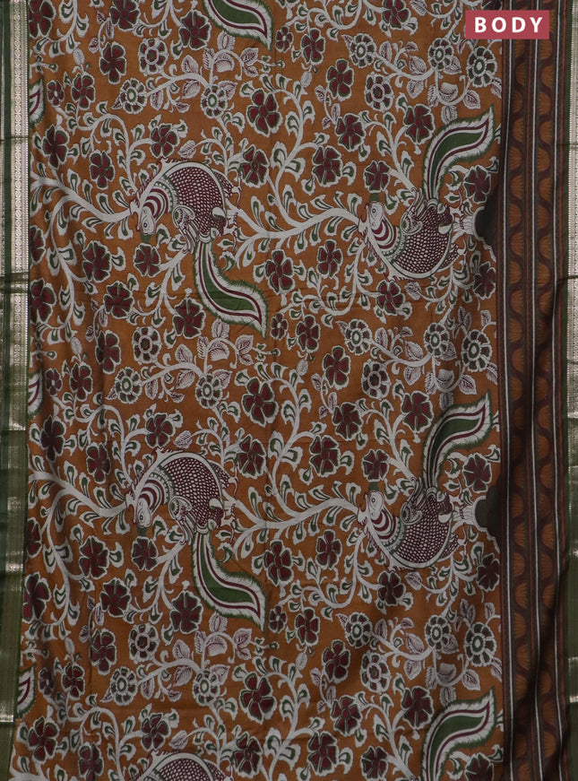 Semi maheswari cotton saree dark mustard and sap green with allover kalamkari prints and zari woven border