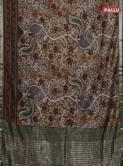 Semi maheswari cotton saree dark mustard and sap green with allover kalamkari prints and zari woven border