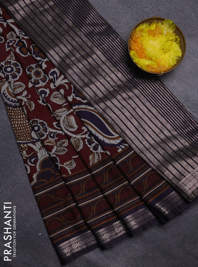 Semi maheswari cotton saree maroon and deep violet with allover kalamkari prints and zari woven border