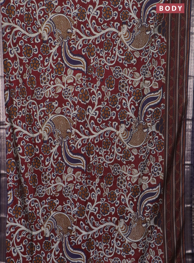 Semi maheswari cotton saree maroon and deep violet with allover kalamkari prints and zari woven border