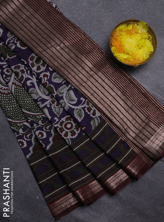 Semi maheswari cotton saree jamun shade and maroon with allover kalamkari prints and zari woven border