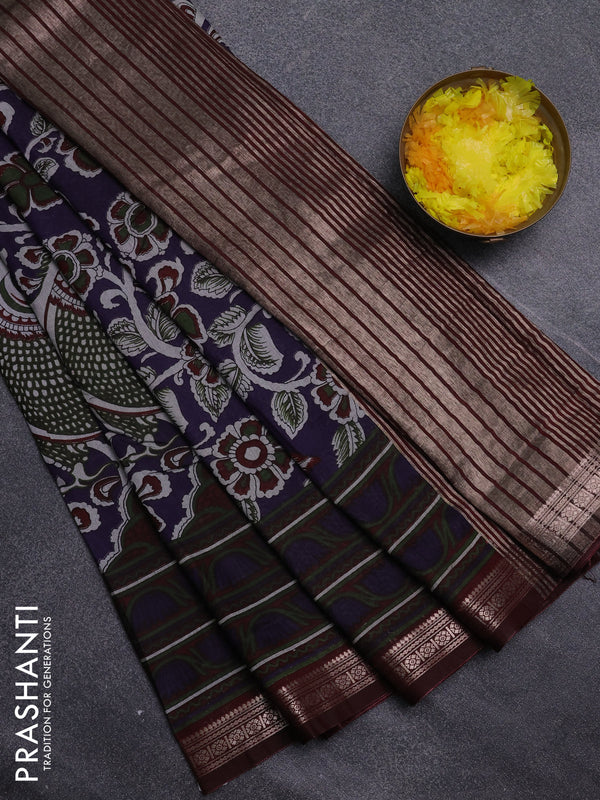 Semi maheswari cotton saree jamun shade and maroon with allover kalamkari prints and zari woven border
