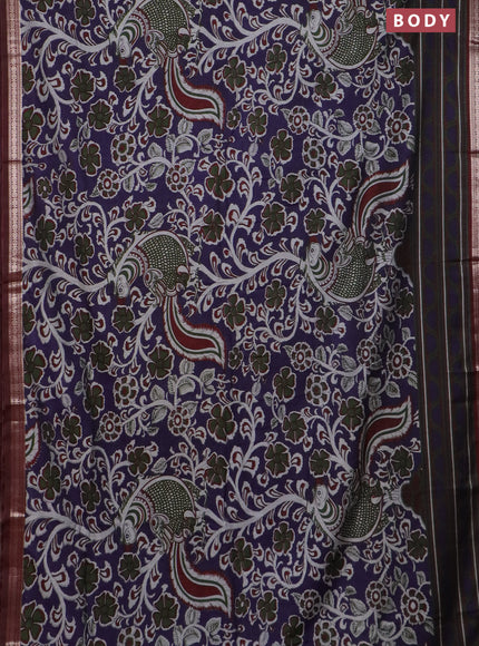 Semi maheswari cotton saree jamun shade and maroon with allover kalamkari prints and zari woven border