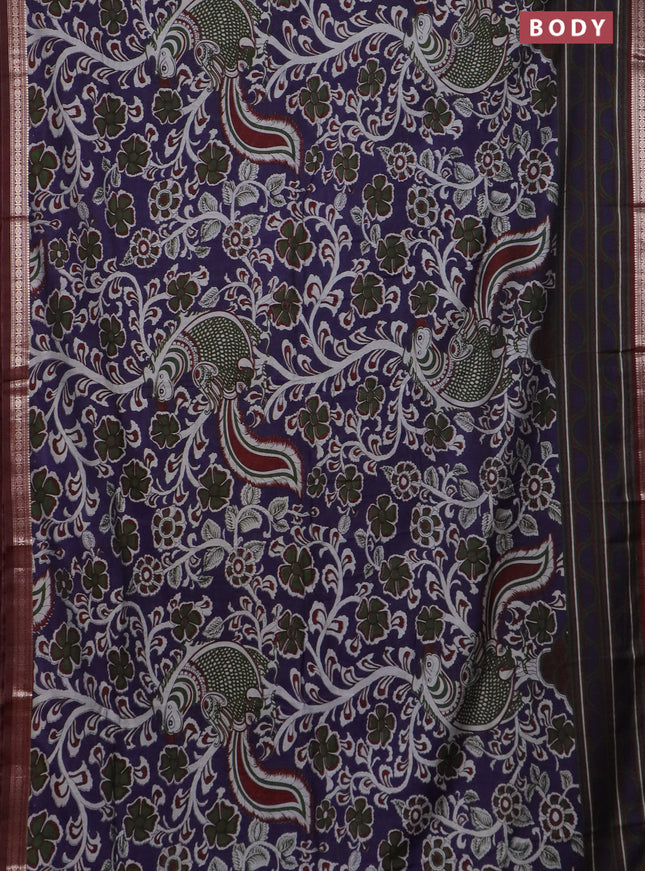 Semi maheswari cotton saree jamun shade and maroon with allover kalamkari prints and zari woven border