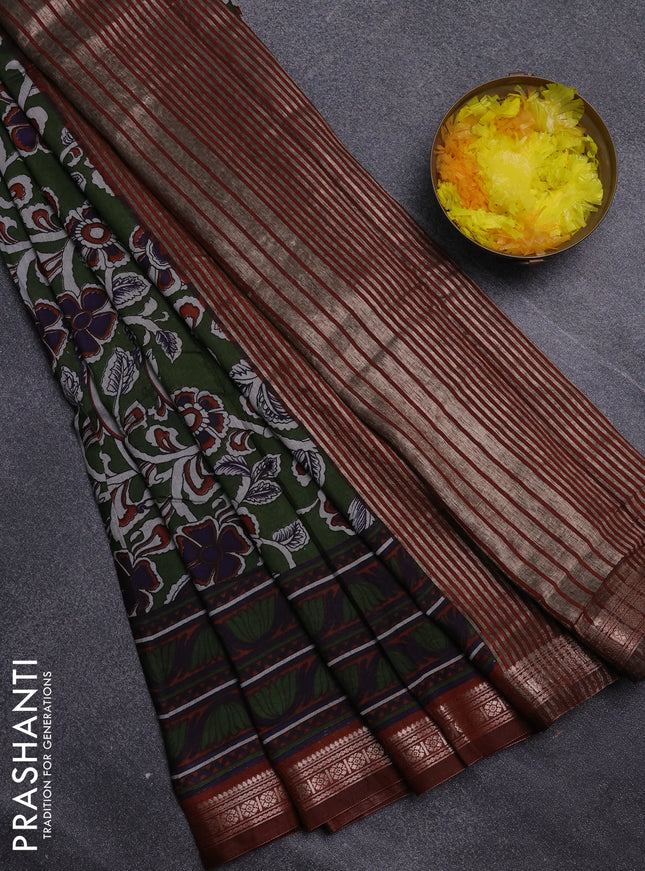 Semi maheswari cotton saree sap green and rust shade with allover kalamkari prints and zari woven border