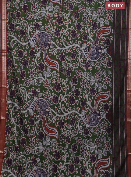 Semi maheswari cotton saree sap green and rust shade with allover kalamkari prints and zari woven border