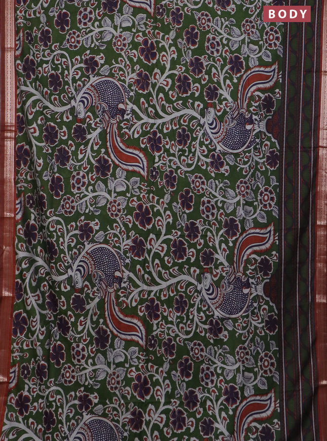 Semi maheswari cotton saree sap green and rust shade with allover kalamkari prints and zari woven border