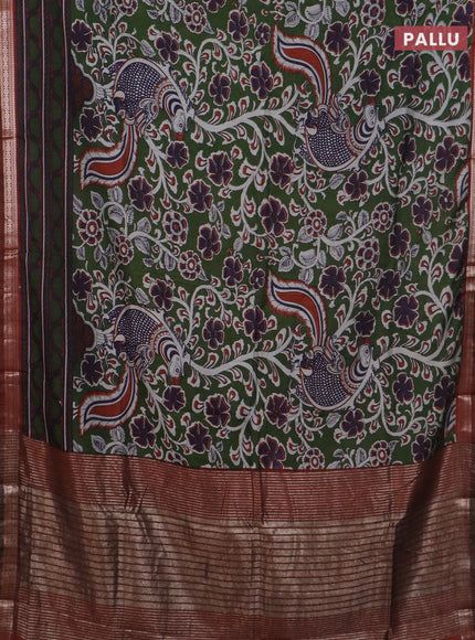 Semi maheswari cotton saree sap green and rust shade with allover kalamkari prints and zari woven border