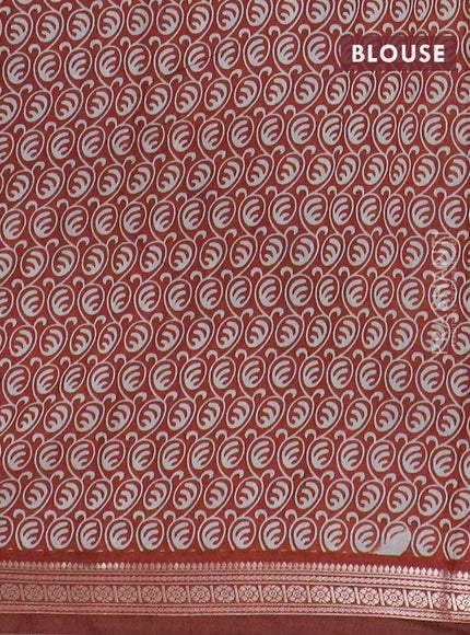 Semi maheswari cotton saree sap green and rust shade with allover kalamkari prints and zari woven border