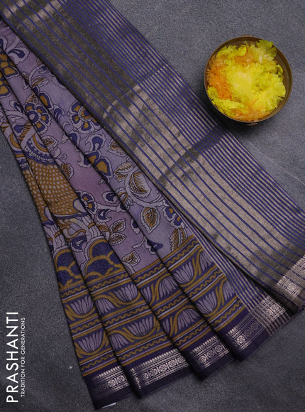 Semi maheswari cotton saree pastel lavender and navy blue with allover kalamkari prints and zari woven border