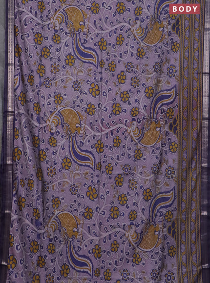 Semi maheswari cotton saree pastel lavender and navy blue with allover kalamkari prints and zari woven border