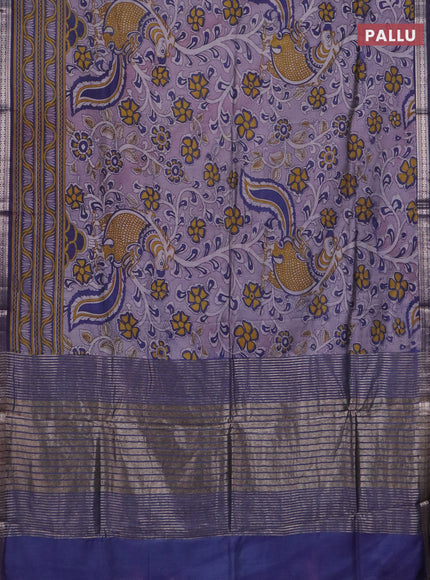 Semi maheswari cotton saree pastel lavender and navy blue with allover kalamkari prints and zari woven border