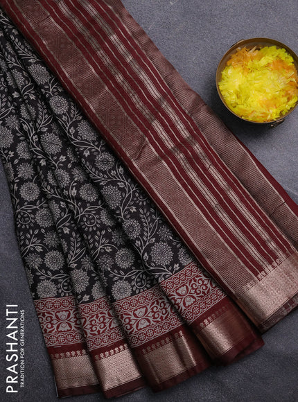 Semi maheswari cotton saree black and deep maroon with allover prints and zari woven border