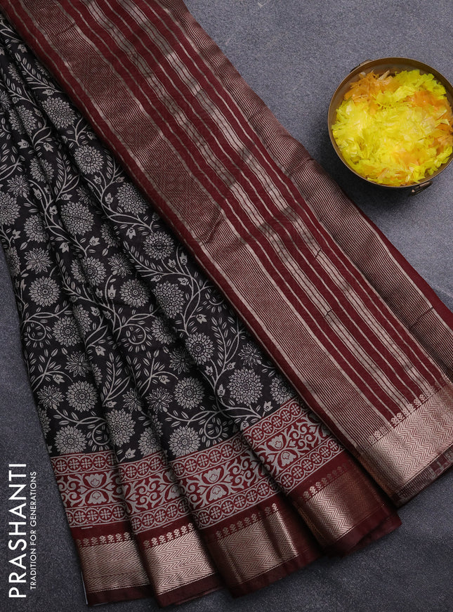 Semi maheswari cotton saree black and deep maroon with allover prints and zari woven border