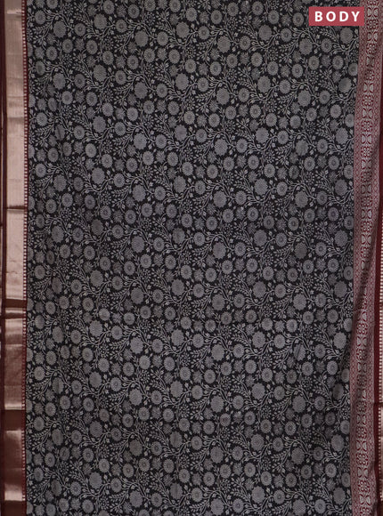Semi maheswari cotton saree black and deep maroon with allover prints and zari woven border