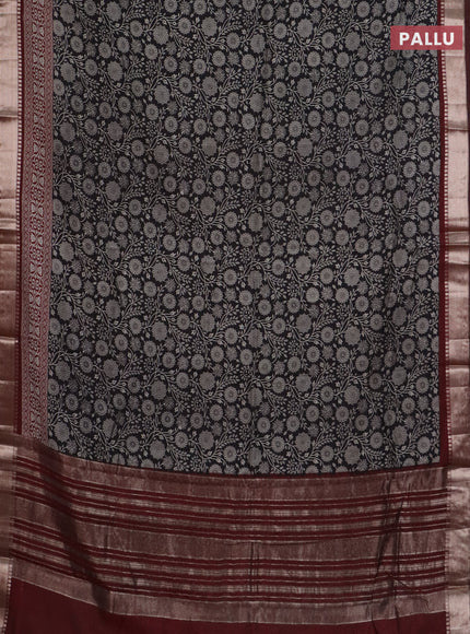 Semi maheswari cotton saree black and deep maroon with allover prints and zari woven border