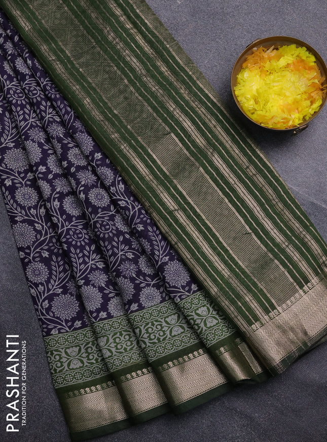Semi maheswari cotton saree navy blue and sap green with allover prints and zari woven border