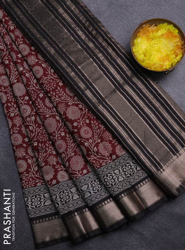 Semi maheswari cotton saree deep maroon and black with allover prints and zari woven border
