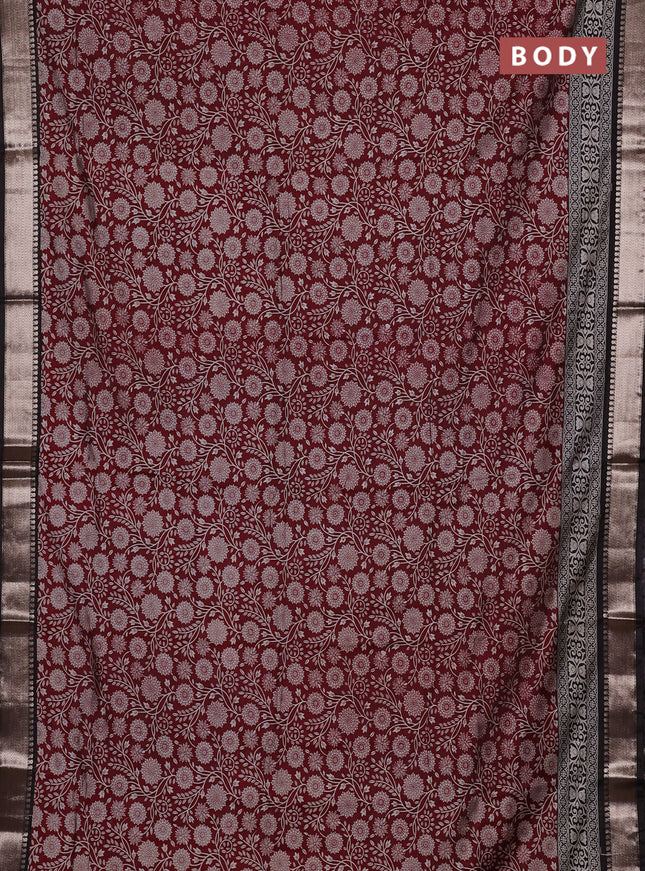 Semi maheswari cotton saree deep maroon and black with allover prints and zari woven border