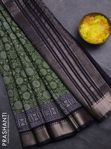 Semi maheswari cotton saree sap green and navy blue with allover prints and zari woven border
