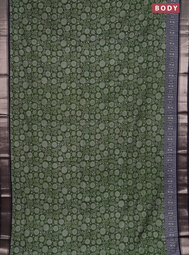 Semi maheswari cotton saree sap green and navy blue with allover prints and zari woven border
