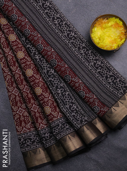 Semi maheswari cotton saree deep maroon and black with allover prints and zari woven border