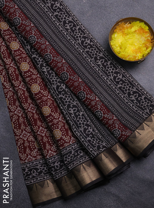 Semi maheswari cotton saree deep maroon and black with allover prints and zari woven border