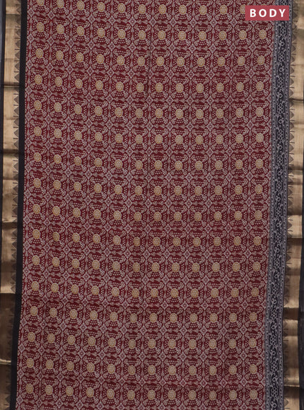 Semi maheswari cotton saree deep maroon and black with allover prints and zari woven border