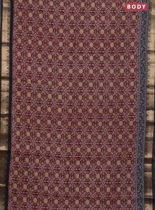 Semi maheswari cotton saree deep maroon and black with allover prints and zari woven border