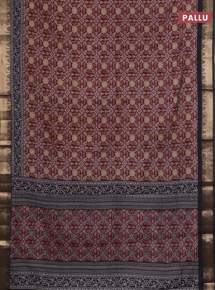 Semi maheswari cotton saree deep maroon and black with allover prints and zari woven border