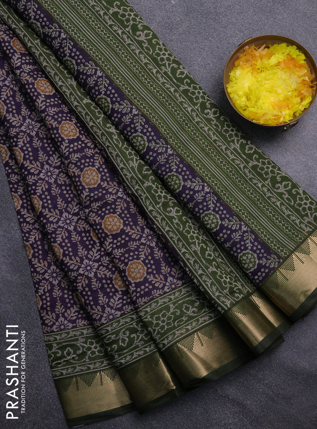 Semi maheswari cotton saree violet and sap green with allover prints and zari woven border
