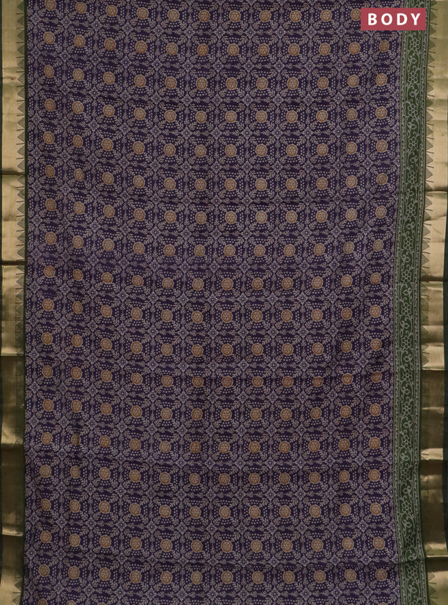 Semi maheswari cotton saree violet and sap green with allover prints and zari woven border