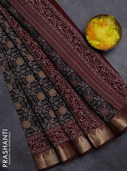 Semi maheswari cotton saree black and maroon with allover prints and zari woven border