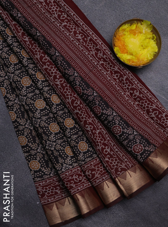 Semi maheswari cotton saree black and maroon with allover prints and zari woven border