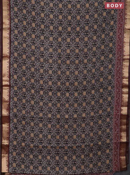Semi maheswari cotton saree black and maroon with allover prints and zari woven border