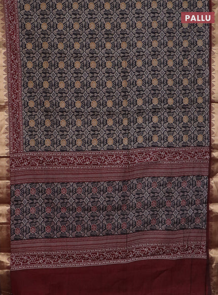 Semi maheswari cotton saree black and maroon with allover prints and zari woven border