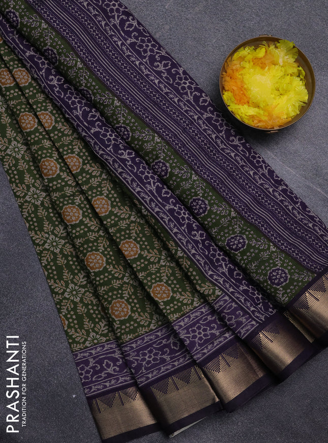 Semi maheswari cotton saree sap green and purple with allover prints and zari woven border