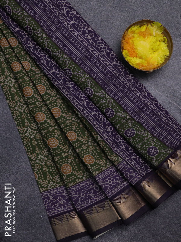 Semi maheswari cotton saree sap green and purple with allover prints and zari woven border
