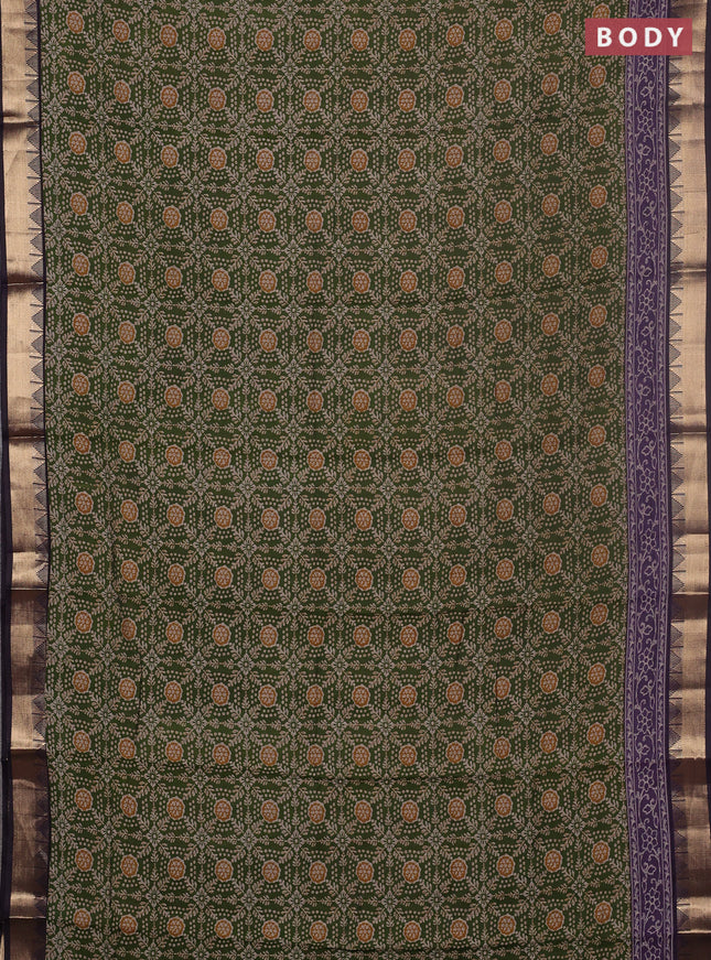 Semi maheswari cotton saree sap green and purple with allover prints and zari woven border