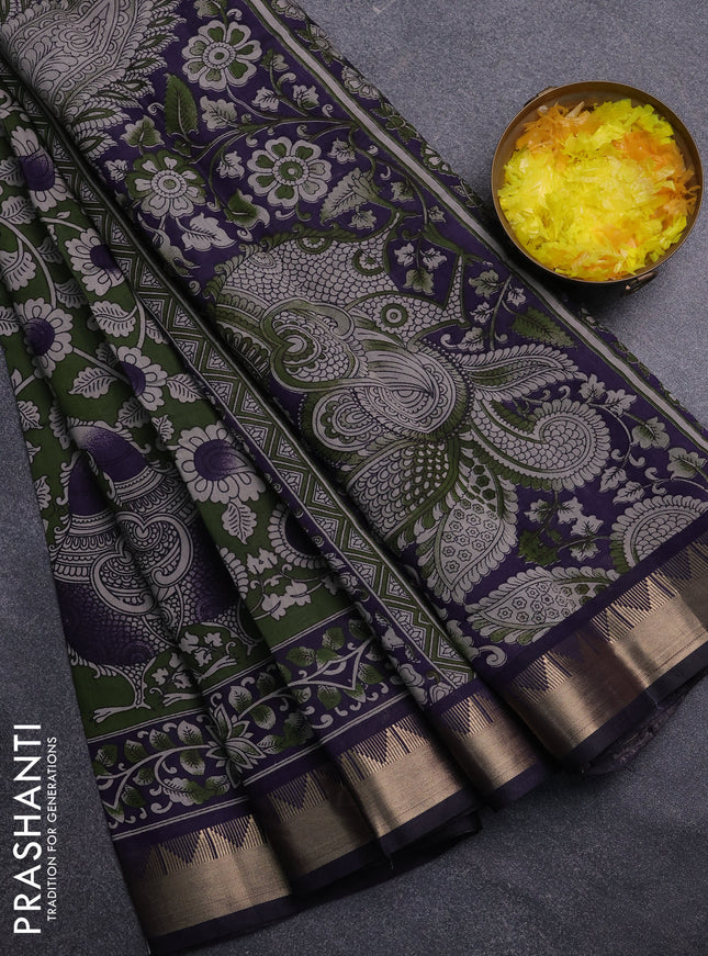 Semi maheswari cotton saree sap green and navy blue with allover kalamkari prints and zari woven border